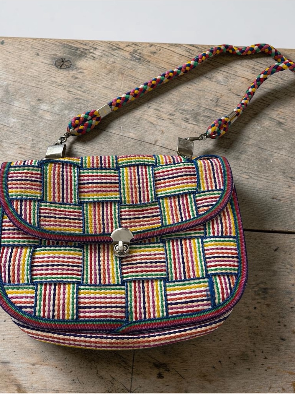 Vtg Made in Italy Rainbow Woven Basketweave Shoulder Bag Straw Raffia Sun